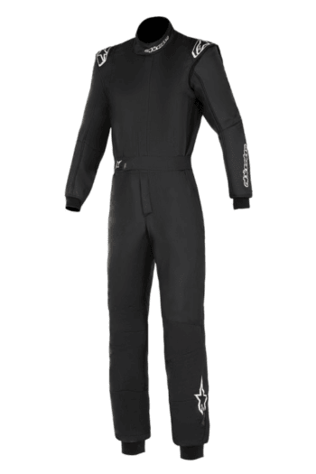 Black Grand Prix racing suit with white logo details, designed for professional motorsport drivers.