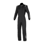 Black Grand Prix racing suit with white logo details, designed for motorsport safety and performance.