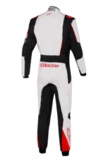 Grand Prix Racewear racing suit in black, white, and red with sponsor logos, designed for professional motorsport drivers.