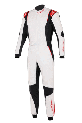 Grand Prix Racewear racing suit in white, black, and red with sponsor logos, designed for motorsport drivers.