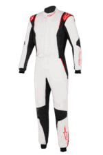 Grand Prix Racewear racing suit in white, black, and red with sponsor logos, designed for professional motorsport drivers.