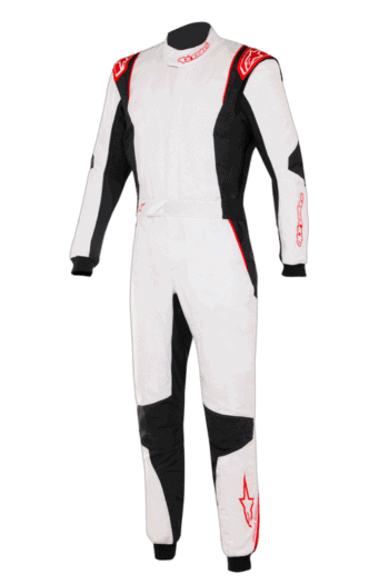 Grand Prix Racewear racing suit in white, black, and red with sponsor logos, designed for professional motorsport drivers.