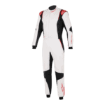 Grand Prix Racewear racing suit in white, black, and red with sponsor logos, designed for motorsport safety and performance.