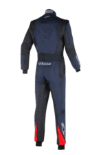 Grand Prix Racewear racing suit in navy blue and black with red accents, designed for professional motorsport drivers, featuring high-quality materials and safety features.