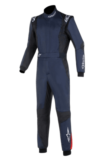 Grand Prix Racewear racing suit in navy blue with black and white accents, designed for motorsport drivers, featuring protective padding and branding details.