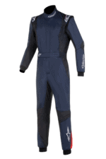 Grand Prix Racewear racing suit in navy blue with black and red accents, designed for motorsport drivers, featuring protective padding and branding details.