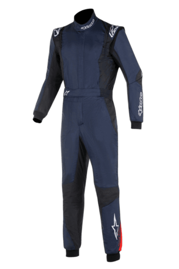 Grand Prix Racewear racing suit in navy blue with black and red accents, designed for motorsport drivers, featuring protective padding and branding details.
