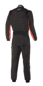 High-quality black and red Grand Prix Racewear racing suit with protective padding and branding, designed for motorsport enthusiasts and professional drivers.