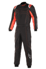 Grand Prix Racewear racing suit in black and red with Alpinestars branding, designed for motorsport safety and performance.