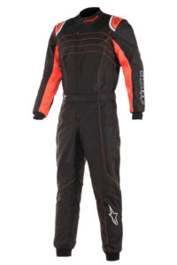 Grand Prix Racewear racing suit in black and red with Alpinestars branding, designed for motorsport safety and performance.