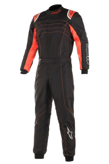 Grand Prix Racewear racing suit in black and red with Alpinestars branding, designed for motorsport safety and performance.