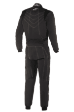 Black Grand Prix Racewear racing suit with white stitching and branding, designed for motorsport safety and performance.