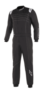 Black Grand Prix racing suit with white accents and branding, designed for professional motorsport drivers.