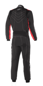Grand Prix Racewear racing suit in black with red accents, designed for motorsport safety and performance, featuring reinforced stitching and aerodynamic fit.