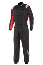 Grand Prix Racewear racing suit designed for motorsport enthusiasts, featuring black and red colours with protective padding and branding details.