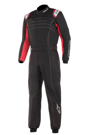 Grand Prix Racewear racing suit designed for motorsport enthusiasts, featuring black and red colours with protective padding and branding details.