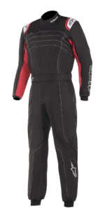 Grand Prix Racewear racing suit designed for professional motorsport drivers, featuring black and red colours with protective padding and branding details.