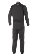 Black Grand Prix Racewear racing suit with protective padding and branding, designed for motorsport safety and performance.
