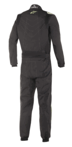 Black Grand Prix racing suit with protective padding and branding, designed for professional motorsport drivers.