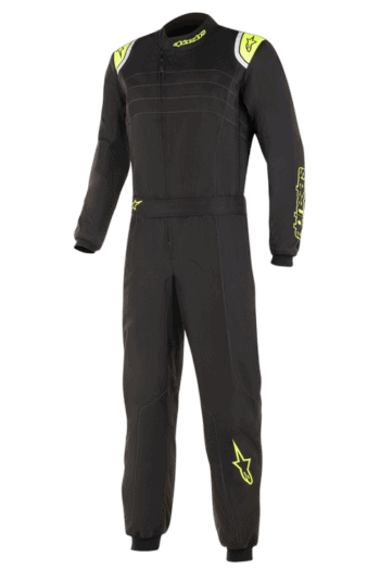 Black and yellow Grand Prix Racewear racing suit with protective padding, designed for motorsport safety and performance.