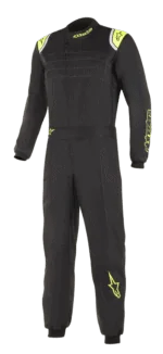 Grand Prix Racewear racing suit in black with neon yellow accents, designed for motorsport safety and performance.