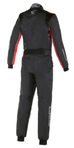 Grand Prix Racewear racing suit in black with red and white accents, designed for motorsport safety and performance.