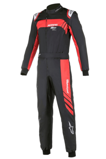Grand Prix Racewear racing suit in black and red with sponsor logos, designed for motorsport safety and performance.