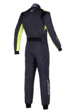 Grand Prix Racewear racing suit in black with neon yellow accents, designed for motorsport safety and performance.