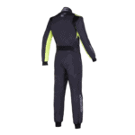 Grand Prix Racewear racing suit in black with neon yellow accents, designed for motorsport safety and performance.