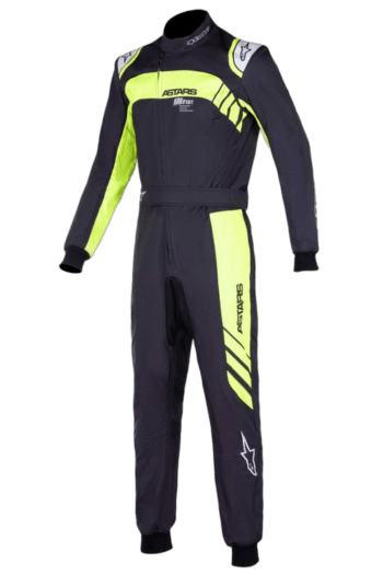 Grand Prix Racewear racing suit in navy blue and neon yellow with Astars branding, designed for motorsport safety and performance.