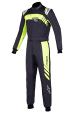 Grand Prix Racewear racing suit in navy blue and neon yellow with Astars branding, designed for motorsport safety and performance.