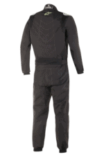 Black Grand Prix Racewear racing suit with protective padding and branding, designed for motorsport safety and performance.