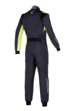 Grand Prix Racewear racing suit in black with neon yellow accents, designed for professional motorsport drivers, featuring durable materials and advanced safety features.