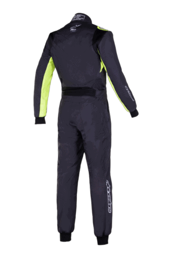 Grand Prix Racewear racing suit in black with neon yellow accents, designed for professional motorsport drivers, featuring durable materials and advanced safety features.