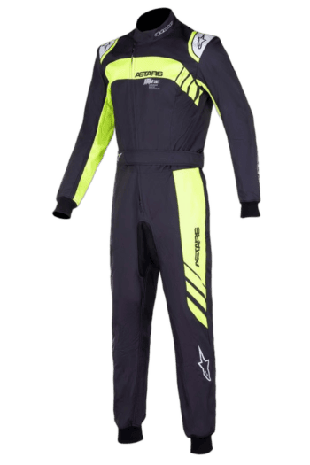 Grand Prix Racewear racing suit in black and neon yellow with Astars branding, designed for motorsport enthusiasts and professional drivers.