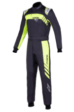 Grand Prix Racewear racing suit in black and neon yellow with Astars branding, designed for motorsport enthusiasts and professional drivers.
