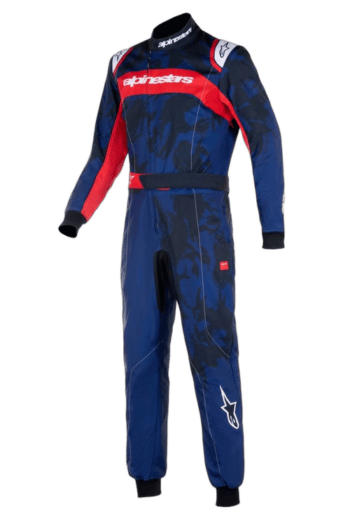 Grand Prix Racewear racing suit in blue, red, and black with Alpinestars branding, designed for professional motorsport drivers.