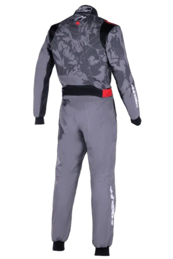 Grand Prix Racewear racing suit in grey and black with red accents, designed for motorsport safety and performance.