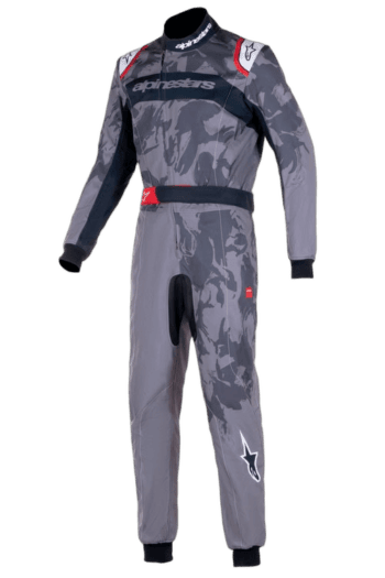 A grey and black Grand Prix Racewear racing suit with red and white accents, designed for motorsport safety and performance.