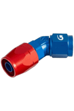 Close-up of a blue and red racing fuel connector used in motorsport for quick refueling at Grand Prix events.