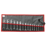 Set of metric and inch open-end wrench sets in a roll-up tool organiser for automotive and mechanical work.
