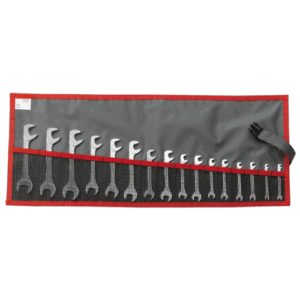 Set of metric and inch open-end wrench sets in a roll-up tool organiser for automotive and mechanical work.