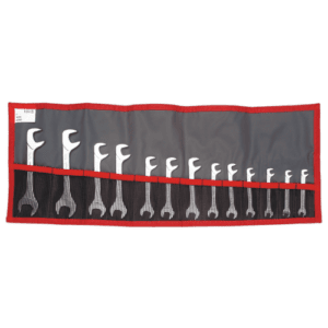 Set of Facom metric and inch midget open-end wrench sets in a roll-up pouch for automotive and mechanical use.