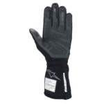 Black racing glove from Grand Prix Racewear with protective padding and branding, designed for motorsport safety and performance.