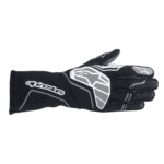 Alpinestars racing glove designed for motorsport, featuring black and white colour scheme and protective padding for safety.