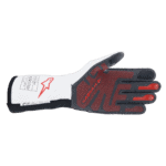High-performance racing glove from Grand Prix Racewear with protective features and vibrant red, black, and white design.