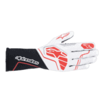 Alpinestars racing glove in white, black, and red with protective features for motorsport safety.