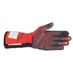 Red and black racing glove from Grand Prix Racewear with protective padding and grip details for motorsport safety.