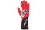 Red and black racing glove from Grand Prix Racewear with protective padding and branding for motorsport enthusiasts.