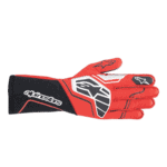 Red and black Alpinestars racing glove with protective padding, designed for motorsport safety and performance.